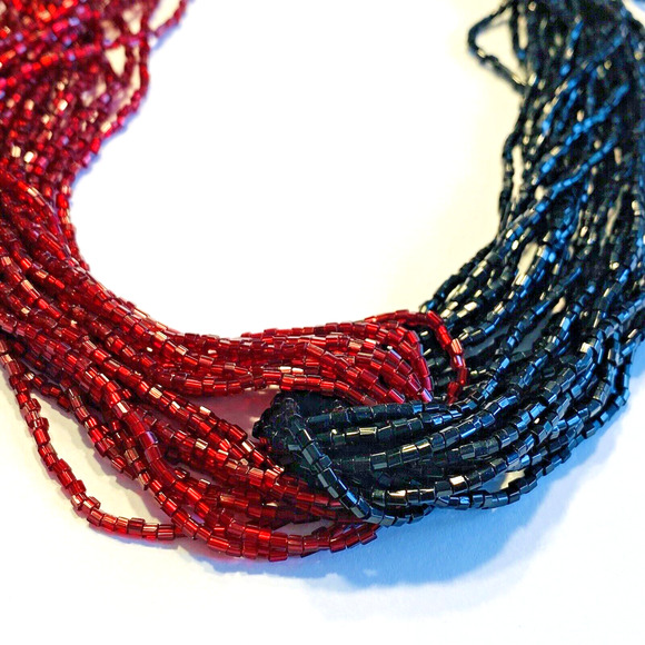 Y2K Beaded Multistrand Choker Necklace Knotted Black & Red Dramatic Statement - Picture 2 of 8
